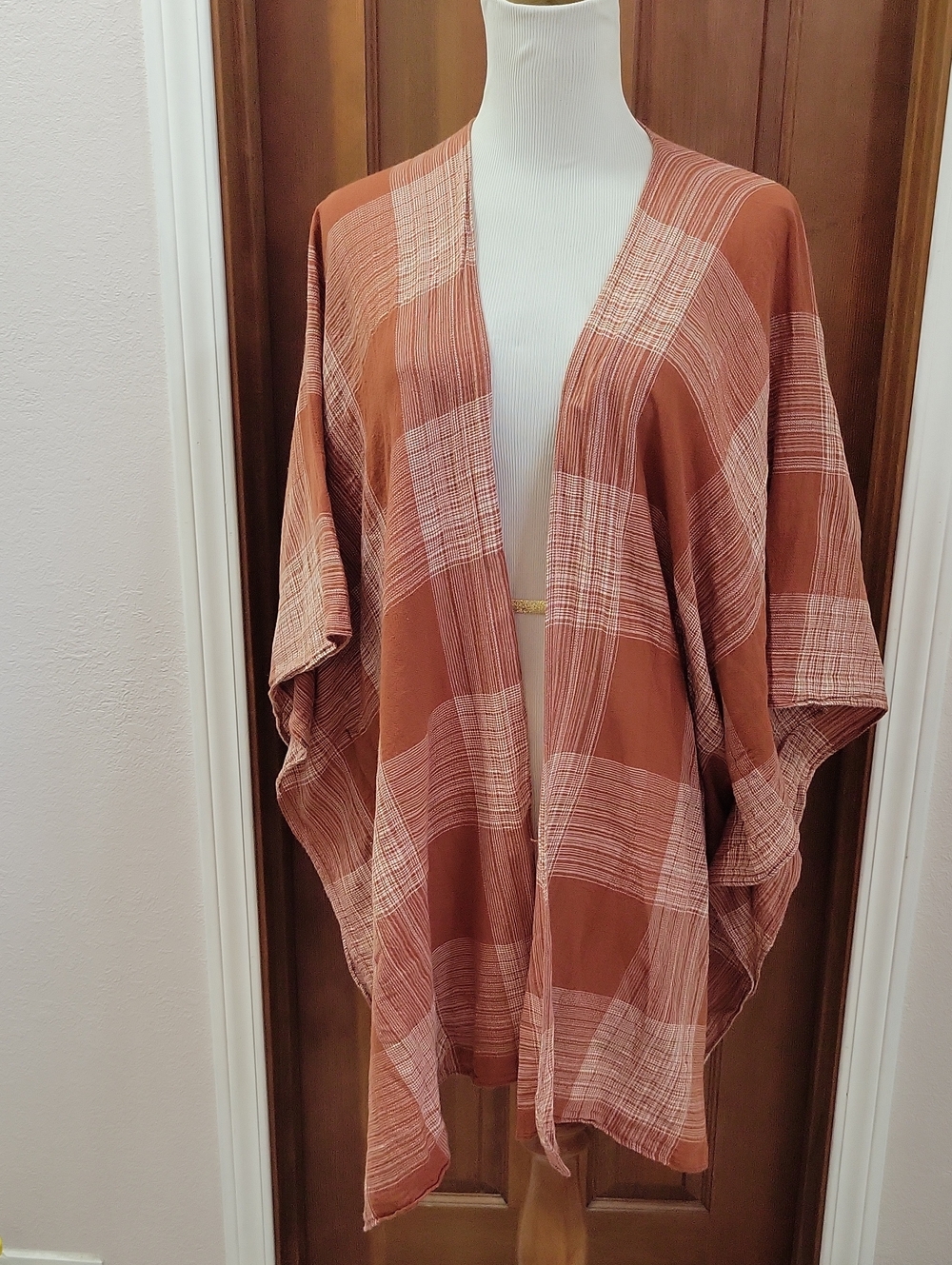 Universal Thread Rust Plaid Open-Front Kimono